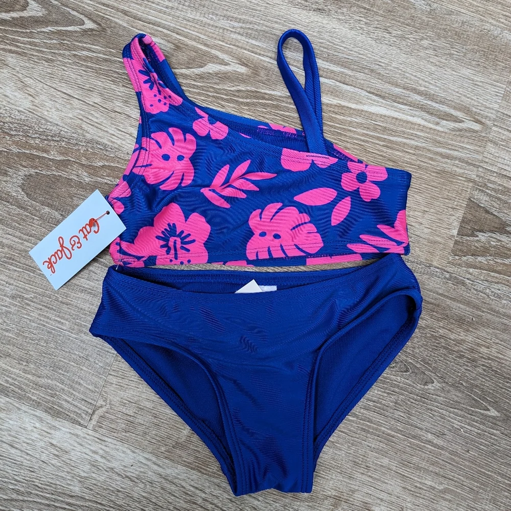 NWT Cat & Jack Tropical Blue Pink Floral Girls Bikini Size XS (4/5)